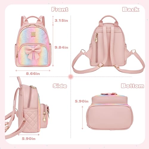 Image of I IHAYNER Mini Backpcak for Girls Small Bowknot Quilted Leather Backpack Purse for Women Travel Cute Trendy Stuff Gifts for Kids Rainbow