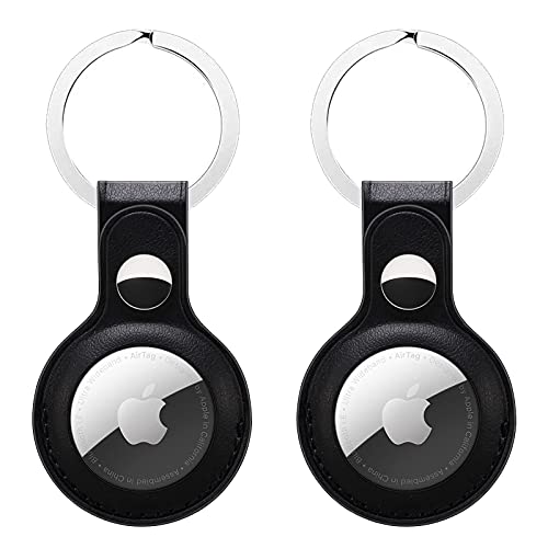 Lot de 2 étuis de protection compatibles avec les Airtags - En cuir véritable - Avec porte-clés - Pour chiens, clés, sacs à dos - Noir + noir Cover