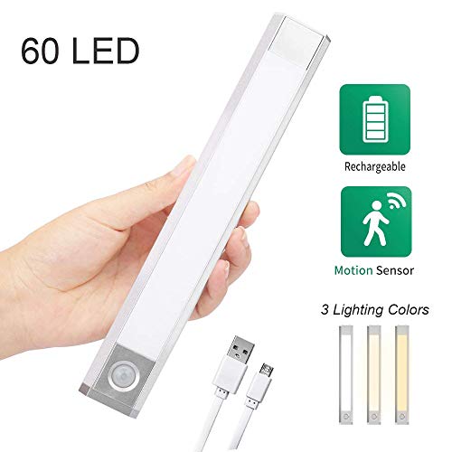 Lampe Placard 60 LED Veilleuse Détecteur de Mouvement, LUXNOVAQ Lampe LED Multi-usages USB Rechargeable avec Crochet et 3M Adhésives Bande Magnétique et 3 Couleurs d'éclairage