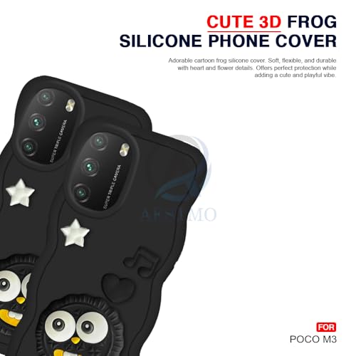 Image of AESTMO Back Case Cover for Poco M3 | 3D Cute Fun Cartoon Characters | Anti Slip Grip Cute Wave Curly Frame Shape | Full Body Protection Back Cover for Poco M3 (Black)