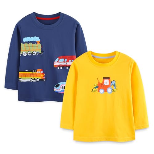 Pilipulu Camiseta de Manga Larga Niño, Pack de 2 Camisetas de Algodón, T-Shirt Bebé Niños de Dinosaurio para Infantiles 4 Años, Autos 1