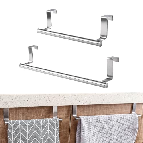 2 Pack Over The Door Towel Rack, Towel Rack for Cabinet, Over Cabinet Towel Holder, Stainless Steel Dual-Side Rack with EVA Pads, No-Tool Mount for Doors ≤0.83" Thick (9.4"/14.2", Brushed Nickel)