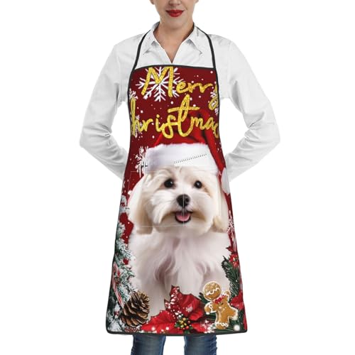 nopicsn Merry Christmas Maltese Dog Apron for cooking with Pockets Women Men Kitchen Chef Funny Aprons