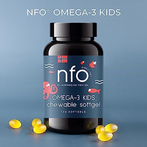 NFO Omega-3 Kids Natural Tutti Frutti Flavored Chewable softgels [120 Capsules] Norwegian Fish Oil High in EPA & DHA in Triglyceride Form Plus Vitamins D3 & E Complex for Children 4+ Years & Older