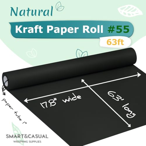 Image of SMART&CASUAL Black Wrapping Paper 17.8 inch x 760 inch (63') Kraft Craft Paper Roll for Gift Bulletin Board Bouquet Flower Art Packing Parcel Table Covering 80GSM 55LB (Black, 17.8 inch x 63')