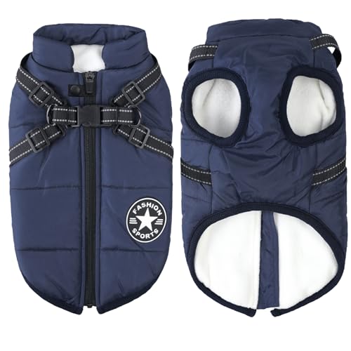 Aiboria Hundejacken für den Winter Winddicht Wasserdicht 2 in 1 Outfit Kaltwettermantel Hundewestengeschirr Welpen Winter Warme Jacke Kleines Blau M