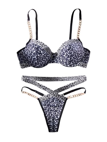 Real Intimate Ensemble de Lingerie féminine Soutien-Gorge et Culotte à Armatures en Maille Transparente sous-vêtements Sexy à Motif léopard pour Femmes