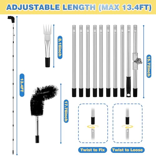 Dachrinnenreiniger, 4m verstellbarer Dachrinnen Reiniger Teleskopstiel mit 180° schwenkbarem Kopf & austauschbarer Bürste, 10-teiliges Laub Reinigungswerkzeug - keine Leiter benötigt