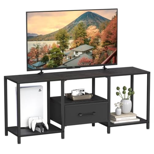 JARHETUN TV Stand with Fabric Drawer for 55 Inch TV, Entertainment Center with Open Shelves, Media TV Console Table for Living Room, Bedroom, Black