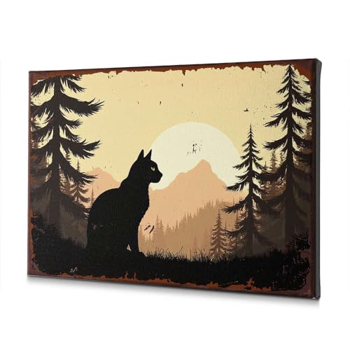 Tableau décoratif sur toile premium coucher du soleil et chat noir