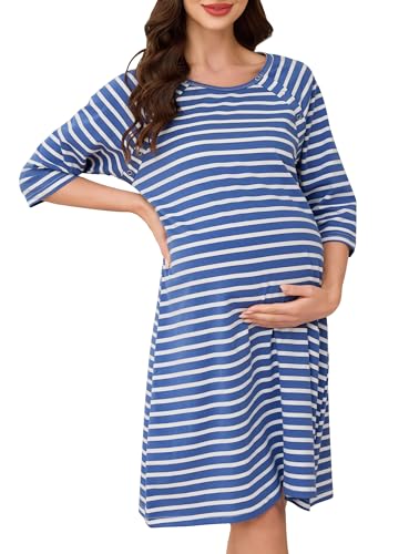 Vlazom Dam 3 i 1 bomull amning/leverans/arbete/moderskap nattlinne halvärm amning sovklänning sjukhusklänning nattkläder med knappar, Mörkblå ränder, S