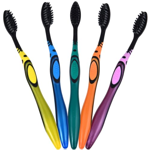 Image of ADA Cavity Defense Activated Charcoal Toothbrush 5 Pack Ultra-Soft Flosspick Bristle for Sensitive Teeth & Gums, Aids in Teeth Whitening, Extra Soft, Easy Grip (5 Count)