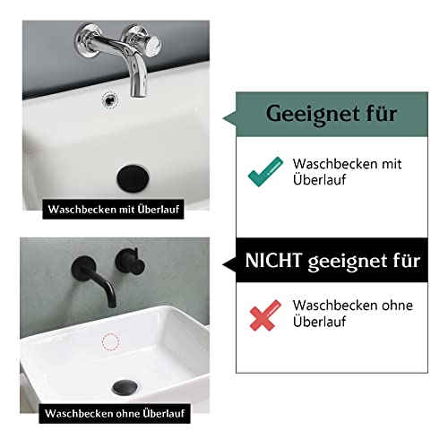 Universal Ablaufgarnitur Pop Up Ventil mit Überlauf für Waschtisch - Schwarzer Ablaufventil Abflussgarnitur für Waschbecken, Einfache Installation