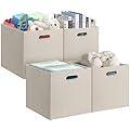 Posprica 13x15x13in Collapsible Storage Bins, Fabric Foldable Cube Storage Boxes, Decorative Storage Baskets Organizer for IKEA Kallax, Shelves, Closet, Clothes, Toy, Set of 4-Beige