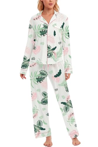 Image of LUBOT 100% Cotton Pajamas for Women Pajama Set 2 Piece PJ Sleepwear Set Soft Ladies Button Knit Long Sleeve Loungewear XS-XXL