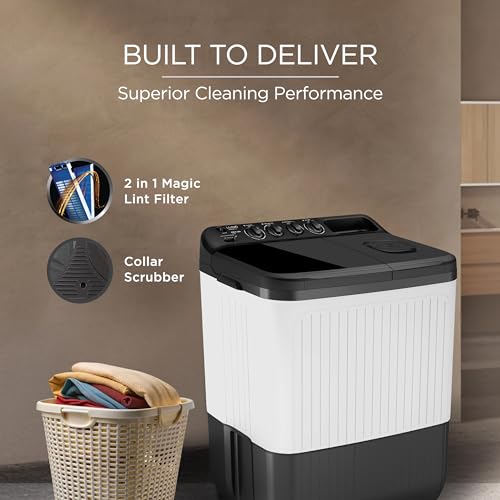 Image of Lloyd 7 kg 5 Star Semi Automatic Top Load Washing Machine |1300 RPM | Detergent Storage Zone | 3 Wash Programs | Swift Dry | Magic Filter, GLWS705AODDG, Dark Grey and White)