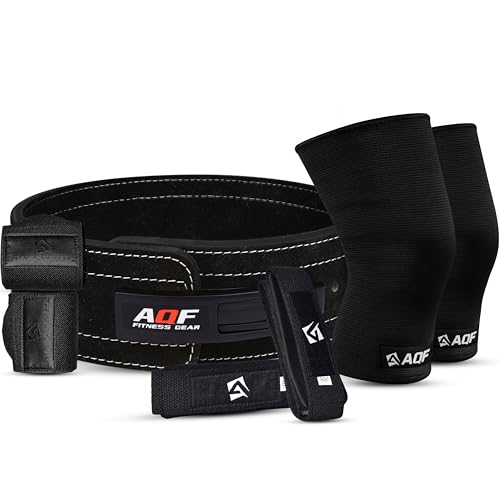 AQF 10mm Weight Lifting Lever Belt + Gym Knee Sleeves + Wrist Wraps + Lifting Straps | IPL & USPA Approved Strength Powerlifting Essentials Set | Training Bundle for Deadlifts, Squats & Bodybuilding