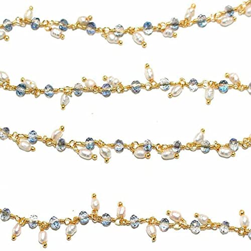 Chaîne de chapelet perles de culture et pyrite taillée, fil plaqué or pour bijoux de prestige