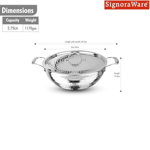 Image of Signoraware Artista Tri Ply Stainless Steel Hammered Deep Kadhai 22cm with Steel Lid | Elegant Finish | Even Heat Distribution | Ideal for Deep Frying & Daily Indian Cooking Needs (2.75 LTR | Steel)