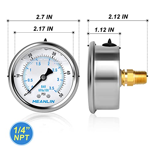 Image of MEANLIN MEASURE 0~50Psi Stainless Steel 1 /4 inch NPT 2.5 inch FACE DIAL Liquid Filled Pressure Gauge WOG Water Oil Air Center Back Mount, with 1 /2 inch NPT and 1 /4 inch x 3 /8 inch NPT Hex Bushing