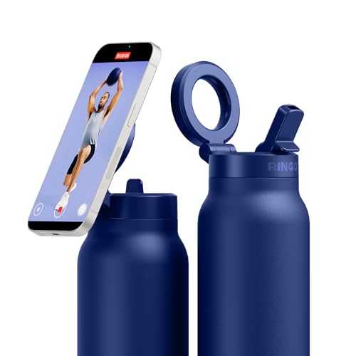 RINGO PRO Water Bottle with Magnetic Phone Mount & Sip Straw Lid - Insulated Stainless Steel Bottle for Workouts Content Creation Navigation & Facetime on the Go 12Hrs Hot/24Hrs Cold Blue 24oz