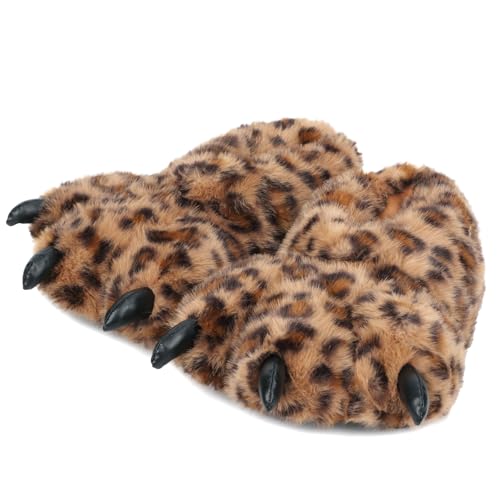 Aopuro Women Plush Animal Paw Slippers Funny Novelty Bear Claw Slippers Cozy Furry Warm Memory Foam Slippers Gifts for Halloween ChristmasBrown Leopard L