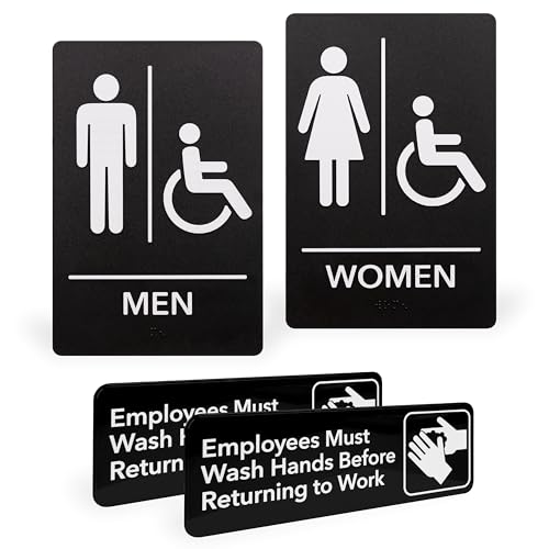 ExcelMark Restroom Sign for Business - ADA Compliant Braille Bathroom Signage with Double Sided Tape to Secure Perfectly in Less Than a Minute - Size 9 x 6 Inch (Men & Women's Handicap Set With Washing Hands Sign)