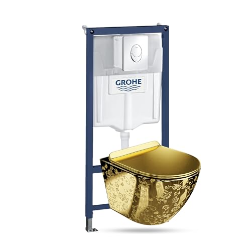 LAVITA Vorwandelement Solido Start + Wand Hänge WC Sofi Slim Golden Eye Gold Spülrandlos + WC-Sitz SoftClose Verchromter Knopf Komplettset Unterputz Spülkasten Toilette Komplett Sett WC