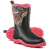 Trudave Rubber Boots for Women with Steel Shank, 6mm Neoprene Mid Calf Rain Boots, Waterproof Insulated Mud Work Boots All Season, Pink, Size 8