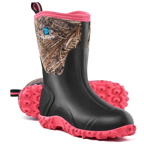 Rubber Boots for Women with Steel Shank, 6mm Neoprene Mid Calf Rain Boots, Waterproof Insulated Mud Work Boots All Season, Size 5-11