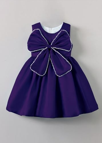 Image of Buy & Try Girls Frock Dress Crystal Moti Embellished Sleeveless Butterfly Design | Knee Length Birthday Dress for Kids with Zipper Closure