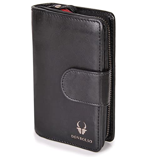 DONBOLSO Cartera Praga I Monedero de Piel Genuina de Napa para Señoras I Billetero con 10 Ranuras para Tarjetas y Protección RFID I Negro