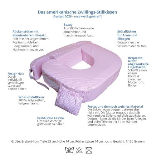 0026 - My Brest Friend & baby wild - amerikanisches Zwillings-Stillkissen, Design: rosa weiss gestreift