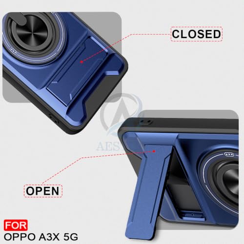 Image of AESTMO Oppo A3X 5G Back Cover | Armor Camera Slider 360 Degree Rotating Finger Ring Holder Case with Bracket Stand Back Case Cover (Compatible with MagSafe Accessories) (Blue)