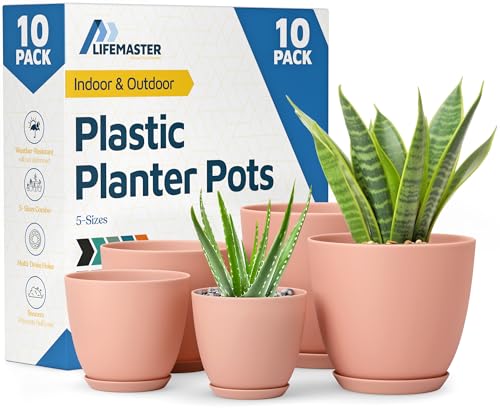 Planter Pots with Drainage Holes - Lightweight, Durable, and Space-Saving Pots for Indoor and Outdoor - Versatile Functionality, Simple Modern Design, Set of 10 Plastic Planter Pots - Pink