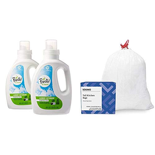 Amazon Brand - Presto! 96% Biobased Concentrated Liquid Laundry Detergent, Fragrance Free, 106 Loads (2-Pack, 40oz/53 Loads Each) & Solimo Tall Kitchen Drawstring Trash Bags, 13 Gallon, 120 Count