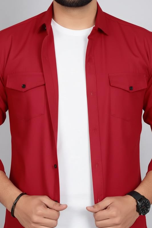 Image of DEELMO Men Solid Slim Fit Casual Overshirt Style Shirt | Full Sleeve Button-Down Layering Shirt Smart Casual Look