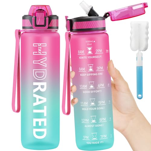 QLUR Water Bottle with Straw, 32 oz Motivational Water Bottles with Time Marker to Drink, Tritan BPA Free, 1L Sports Water Bottle with Carry Strap LeakProof for Women Gym Fitness Outdoor (1 Pack)