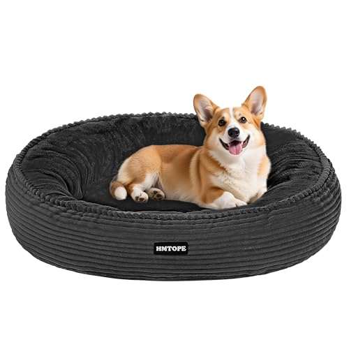 HMTOPE Hundebett Mittelgroße Hunde, Katzenbett Waschbar, Kuscheliges Hundekissen, Rund Cord Hundekorb, Donut, Hundesofa, Abnehmbar und rutschfest, Ø 70 cm, Dunkelgrau