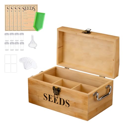 Foovslzw Seed Storage Organizer Box Double-Layer Seal Design Bamboo Seed Saving Box with Safety Lock Handles Extra Envelopes and Labels Ideal Gift for Gardeners