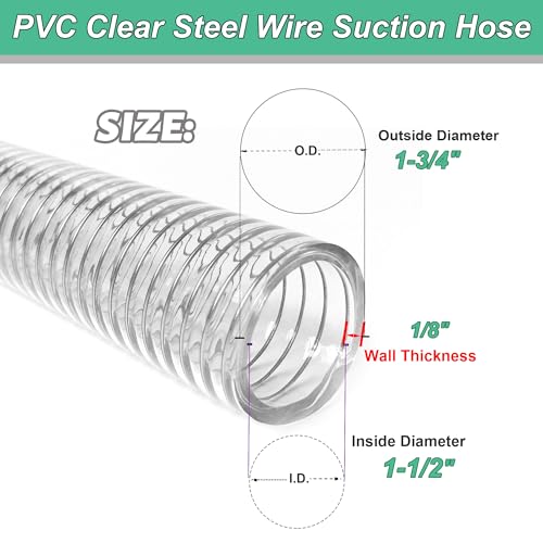 Image of Wire Reinforced Hose 1-1 /2 inchid x10ft Clear Suction Line Plastic Vinyl Tubing | Heavy Duty Spiral Steel Flexible Hose High Pressure, Drain Water Fuel Dust Colleciton Marine Pool Pump Spa
