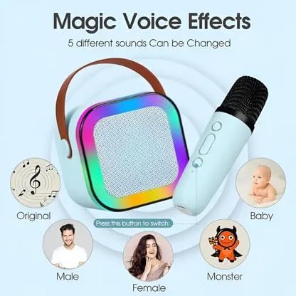 Image of Sky Blue Portable Bluetooth Speaker with Wireless Mic, RGB LED Party Light, Heavy Bass Karaoke Speaker, Rechargeable Battery, Portable Handle, Wireless Mic for Kids & Adults, Home & Outdoor Party
