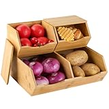 Bamboo Pantry Storage Bins with Lid - Stackable Baskets, Potato and Onion Storage, Wood Storage Bins for Pantry Baskets Organization and Storage, Kitchen Essential, Set 3 Pieces