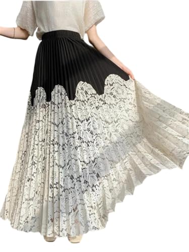 Women A-Line Elastic High Waist Lace Patchwork Pleated Skirt Summer Thin Loose High Waist Skirt2