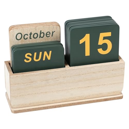 DEERINE Wooden Block Perpetual Calendar for Desk Daily Desktop Standing Flip Calendar with Large Display Modern Farmhouse Aesthetic Desk Accessory for Home Office Decor Reusable Yearly Wood Grain