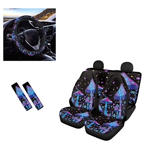 JEOCODY Car Seat Cover Full Set for Women Blue Mushroom Car Interior Accessories Sets 7 Pack, 4 Pcs Seat Covers+1 Pc Steering Wheel Cover+2 Seatbelt Pads, Universal Fit Most Vehicles