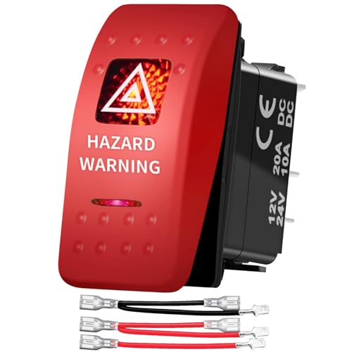 Hazard Warning Rocker Switch LED 5 Pin SPST 12V ON-Off Emergency Stop Switch with Red Cover, Car Hazard Lights Rocker Toggle Switches Waterproof for Automotive Marine Boat Truck UTV RZR Console
