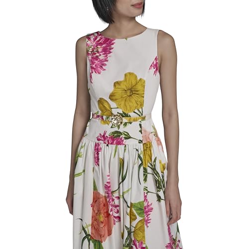 Image of Karl Lagerfeld Women's Sleeveless Boat Neck Drop Waist Belted Midi Dress