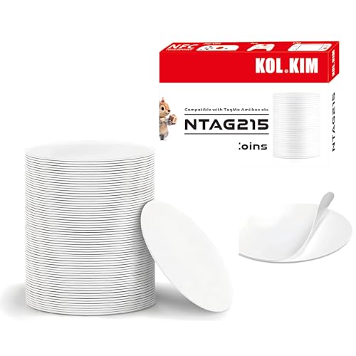 50 Pcs NTAG215 NFC 215 Tags – Blank Programmable Rewritable NFC Cards/Stickers/Coins with Adhesive Back, 504 Bytes Memory, Compatible with TagMo/Amiibo/Yoto NFC Enabled Device