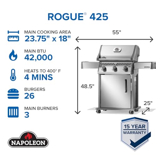 Image of Napoleon Rogue 425 Natural Gas Grill, Stainless Steel, Durable 3-Burner Gas BBQ